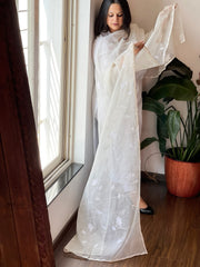 Cream Applique handwork Dupatta in Kota Cotton