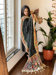 Deep Green Rai Bandhej Dupatta with Handpainted Kalamkari Pallu in Pure Muga Silk