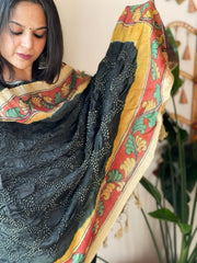 Deep Green Rai Bandhej Dupatta with Handpainted Kalamkari Pallu in Pure Muga Silk