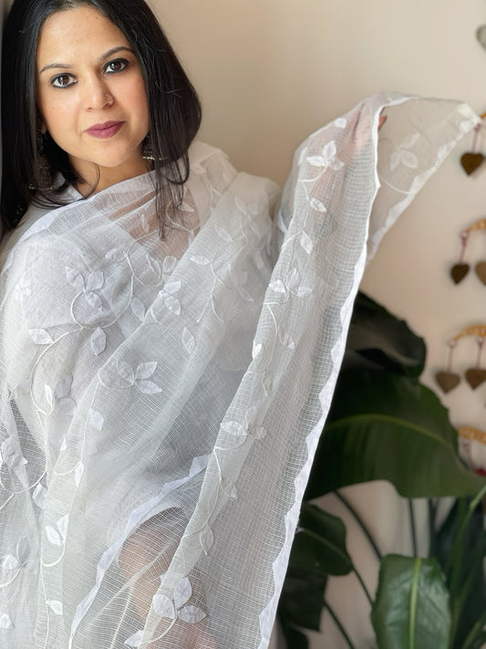 White Applique handwork Dupatta in Kota Cotton