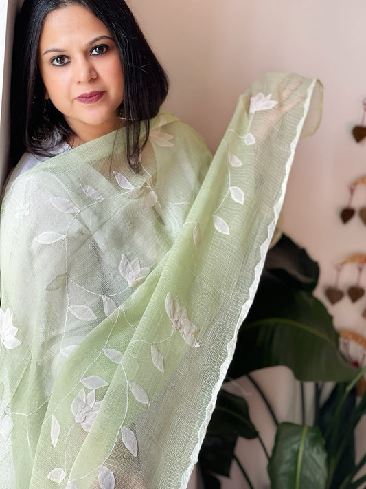 Green Applique handwork Dupatta in Kota Cotton