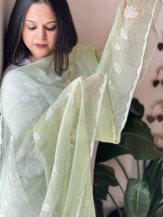 Green Applique handwork Dupatta in Kota Cotton