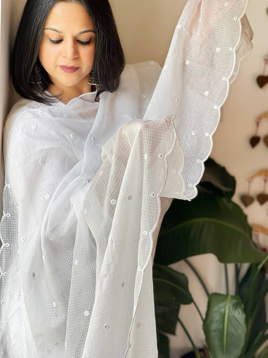White Kota Cotton Dupatta with Embroidery and foil mirror work
