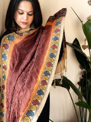 Brick Rai Bandhej Dupatta with Handpainted Kalamkari Pallu in Pure Muga Silk