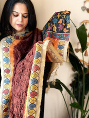 Brick Rai Bandhej Dupatta with Handpainted Kalamkari Pallu in Pure Muga Silk