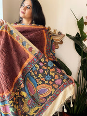 Brick Rai Bandhej Dupatta with Handpainted Kalamkari Pallu in Pure Muga Silk