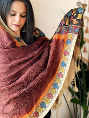 Brick Rai Bandhej Dupatta with Handpainted Kalamkari Pallu in Pure Muga Silk