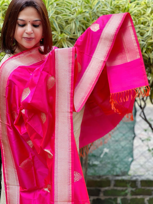 Pink Handwoven Banarasi Dupatta in Pure Katan Silk
