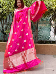 Pink Handwoven Banarasi Dupatta in Pure Katan Silk