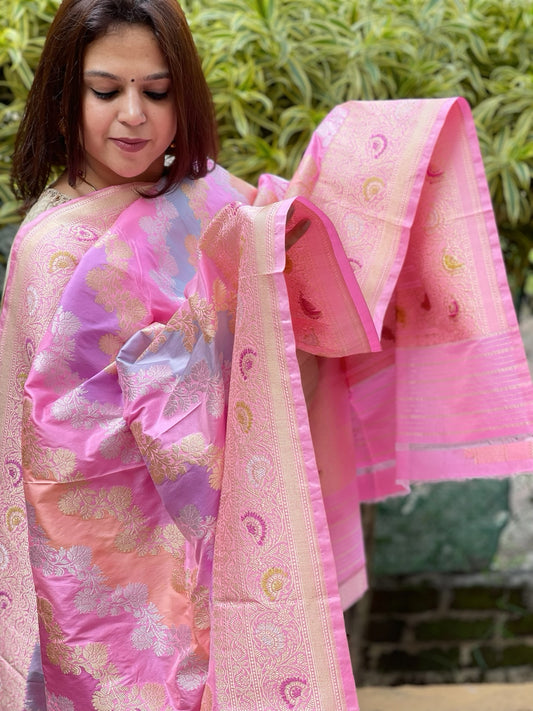 Pink Handwoven Banarasi Rangkhat Dupatta in Pure Katan Silk