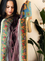 Cola Brown Rai Bandhej Dupatta with Handpainted Kalamkari Pallu in Pure Muga Silk