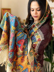 Cola Brown Rai Bandhej Dupatta with Handpainted Kalamkari Pallu in Pure Muga Silk