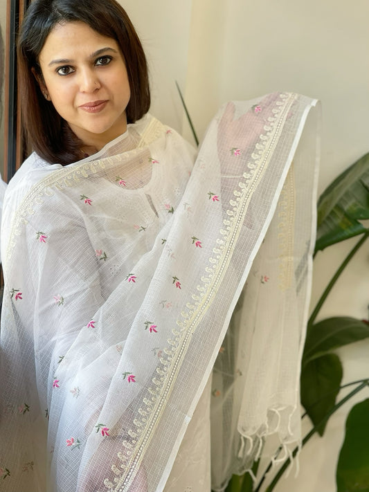 White Kota Cotton Dupatta with Thread Embroidery