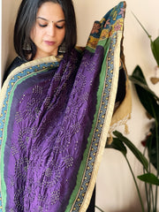 Purple Rai Bandhej Dupatta with Handpainted Kalamkari Pallu in Pure Muga Silk