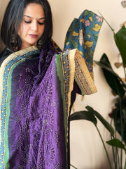 Purple Rai Bandhej Dupatta with Handpainted Kalamkari Pallu in Pure Muga Silk