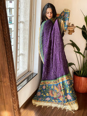 Purple Rai Bandhej Dupatta with Handpainted Kalamkari Pallu in Pure Muga Silk