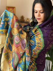 Purple Rai Bandhej Dupatta with Handpainted Kalamkari Pallu in Pure Muga Silk