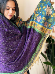 Purple Rai Bandhej Dupatta with Handpainted Kalamkari Pallu in Pure Muga Silk