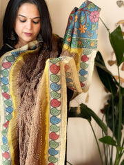 Golden Brown Rai Bandhej Dupatta with Handpainted Kalamkari Pallu in Pure Muga Silk