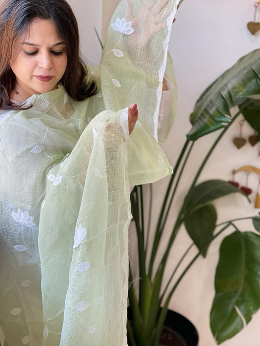 Pista Green Applique handwork Dupatta in Kota Cotton