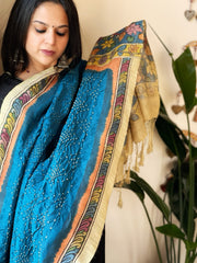 Firozi Blue Rai Bandhej Dupatta with Handpainted Kalamkari Pallu in Pure Muga Silk