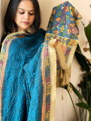 Firozi Blue Rai Bandhej Dupatta with Handpainted Kalamkari Pallu in Pure Muga Silk