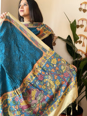 Firozi Blue Rai Bandhej Dupatta with Handpainted Kalamkari Pallu in Pure Muga Silk