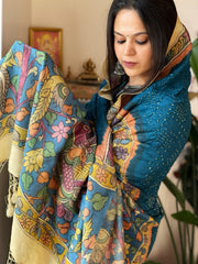 Firozi Blue Rai Bandhej Dupatta with Handpainted Kalamkari Pallu in Pure Muga Silk