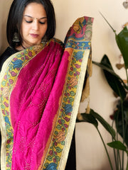 Hot Pink Rai Bandhej Dupatta with Handpainted Kalamkari Pallu in Pure Muga Silk