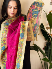 Hot Pink Rai Bandhej Dupatta with Handpainted Kalamkari Pallu in Pure Muga Silk