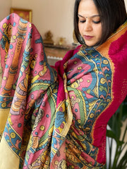 Hot Pink Rai Bandhej Dupatta with Handpainted Kalamkari Pallu in Pure Muga Silk