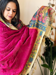 Hot Pink Rai Bandhej Dupatta with Handpainted Kalamkari Pallu in Pure Muga Silk