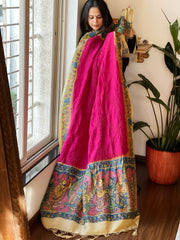 Hot Pink Rai Bandhej Dupatta with Handpainted Kalamkari Pallu in Pure Muga Silk