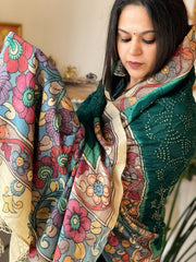 Green Rai Bandhej Dupatta with Handpainted Kalamkari Pallu in Pure Muga Silk