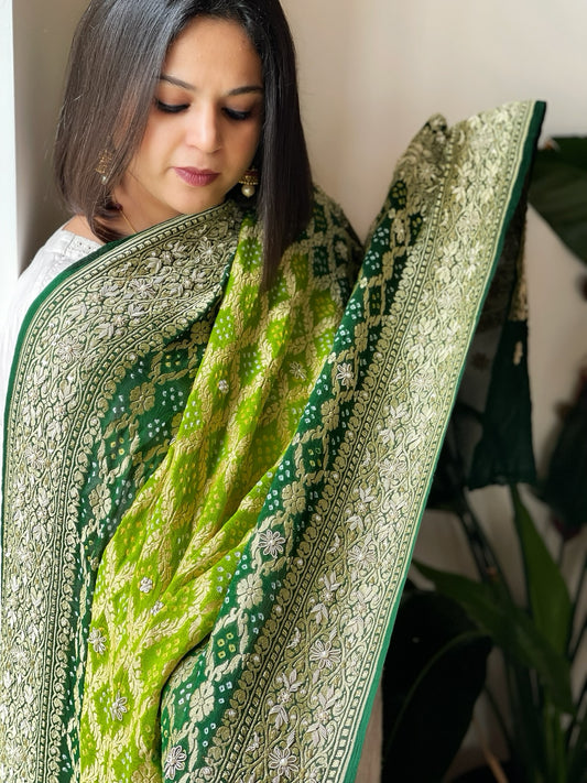 Green Handwoven NeemZari Bareek Bandhani with Dabka Handwork in Pure Georgette