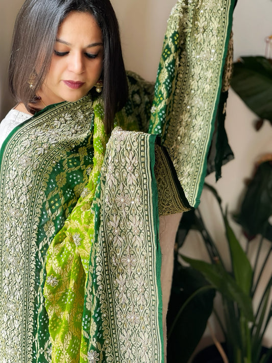 Green Handwoven NeemZari Bareek Bandhani with Dabka Handwork in Pure Georgette