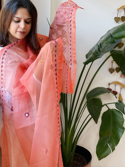 Peach Organza dupatta with Lambani Hand Embroidery