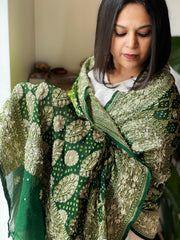 Green Handwoven NeemZari Bareek Bandhani with Dabka Handwork in Pure Georgette