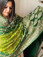 Green Handwoven NeemZari Bareek Bandhani with Dabka Handwork in Pure Georgette