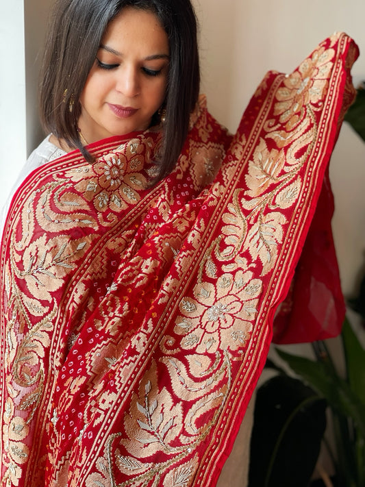 Red Handwoven NeemZari Bareek Bandhani with Dabka Handwork in Pure Georgette