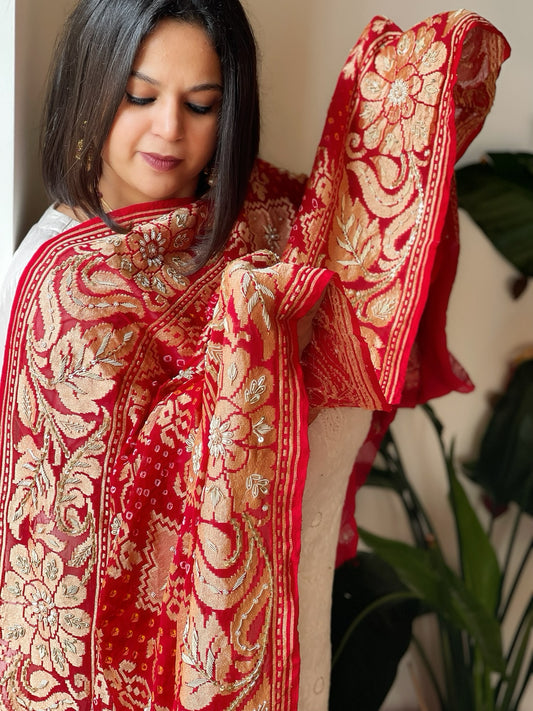 Red Handwoven NeemZari Bareek Bandhani with Dabka Handwork in Pure Georgette