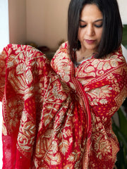 Red Handwoven NeemZari Bareek Bandhani with Dabka Handwork in Pure Georgette