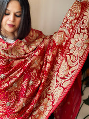 Red Handwoven NeemZari Bareek Bandhani with Dabka Handwork in Pure Georgette