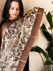 Handpainted Kalamkari Dupatta with Thread & Mirror Handwork in Chanderi Silk