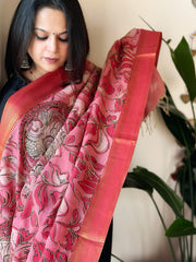 Handpainted Kalamkari Dupatta with Thread & Mirror Handwork in Chanderi Silk