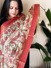 Handpainted Kalamkari Dupatta with Thread & Mirror Handwork in Chanderi Silk