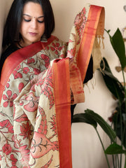 Handpainted Kalamkari Dupatta with Thread & Mirror Handwork in Chanderi Silk