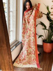 Handpainted Kalamkari Dupatta with Thread & Mirror Handwork in Chanderi Silk