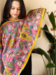 Handpainted Kalamkari Dupatta with Thread & Mirror Handwork in Chanderi Silk