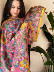 Handpainted Kalamkari Dupatta with Thread & Mirror Handwork in Chanderi Silk